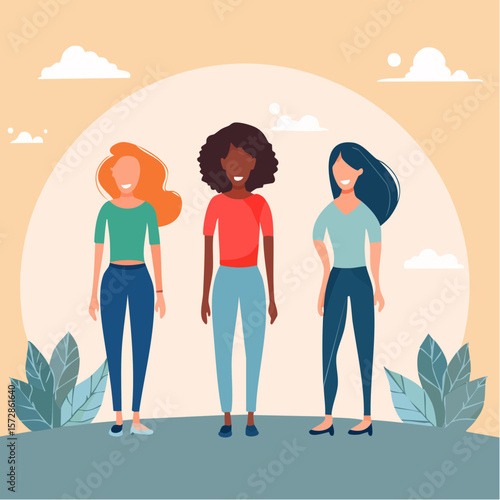 Women of different races standing together. Profile silhouettes of three female characters with varaious hairstyles. Minimal line art style illustration. Feminist movement ...