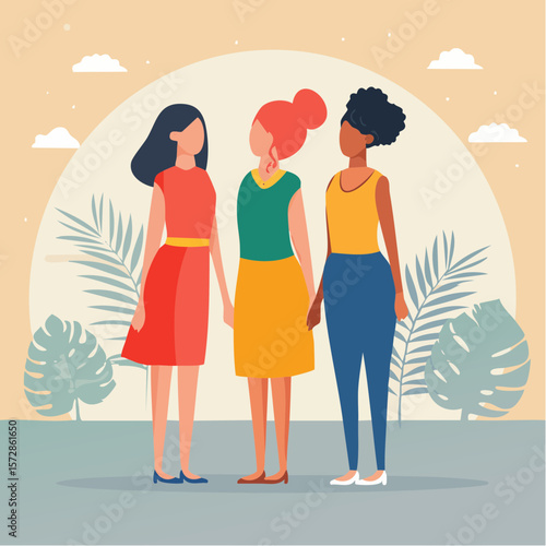 Women of different races standing together. Profile silhouettes of three female characters with varaious hairstyles. Minimal line art style illustration. Feminist movement ...