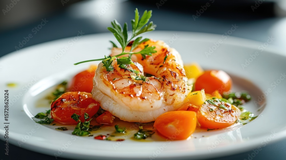 Delicious grilled shrimp with colorful cherry tomatoes and herbs served on a white plate Delicious grilled shrimp with colorful cherry tomatoes and herbs served on a white plate