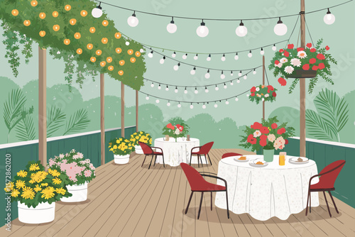 A stylish vector illustration of an outdoor restaurant patio with ambient hanging lights and lush flora.