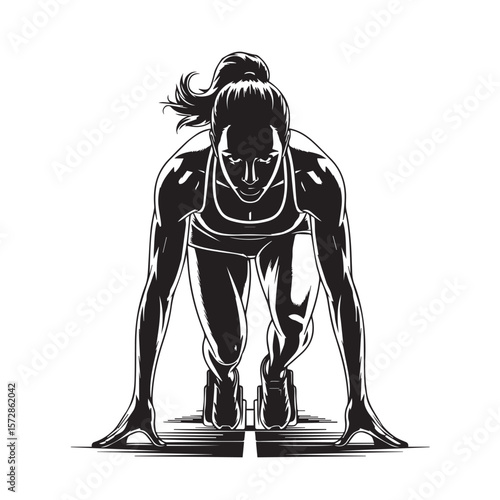 A determined female athlete in a starting position, ready to sprint