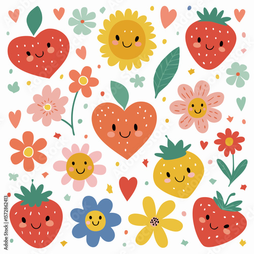 Set of naive retro doodles. Cute flowers, hearts, strawberry, cherry, smiling faces and other shapes. Abstract groovy decor. 70s disko party aesthetic. Funky vector elements for card, poster ...