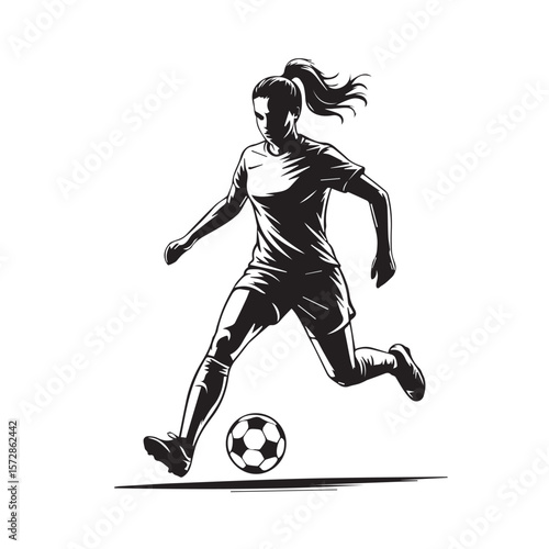A female soccer player gracefully dribbles the ball during a match