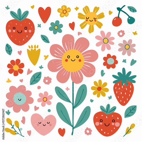 Set of naive retro doodles. Cute flowers, hearts, strawberry, cherry, smiling faces and other shapes. Abstract groovy decor. 70s disko party aesthetic. Funky vector elements for card, poster ...