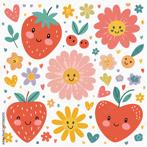 Set of naive retro doodles. Cute flowers, hearts, strawberry, cherry, smiling faces and other shapes. Abstract groovy decor. 70s disko party aesthetic. Funky vector elements for card, poster ...