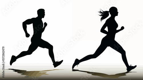 Dynamic graphic showing male and female silhouettes in motion for running, suitable for sports related design or promotional campaign.