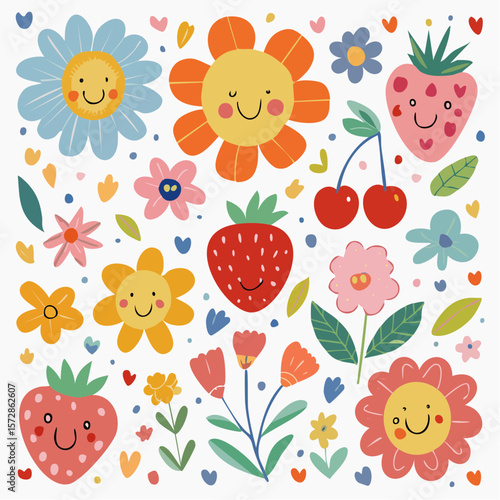 Set of naive retro doodles. Cute flowers, hearts, strawberry, cherry, smiling faces and other shapes. Abstract groovy decor. 70s disko party aesthetic. Funky vector elements for card, poster ...