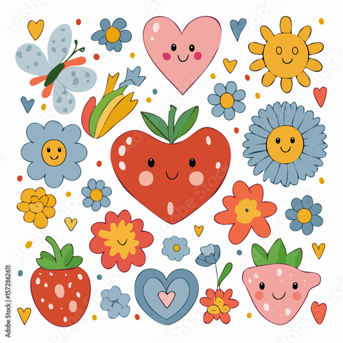 Set of naive retro doodles. Cute flowers, hearts, strawberry, cherry, smiling faces and other shapes. Abstract groovy decor. 70s disko party aesthetic. Funky vector elements for card, poster ...