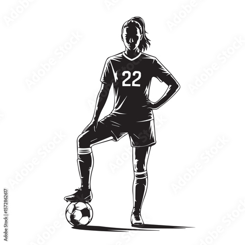 A female soccer player with the number 22 on her jersey stands confidently with one leg resting on a soccer ball