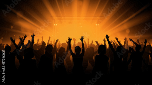 Concert crowd celebrates during music event with stage light silhouettes, ideal for event promotions and creative designs.