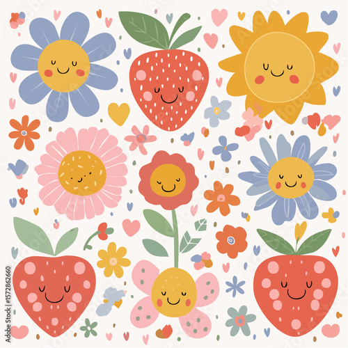 Set of naive retro doodles. Cute flowers, hearts, strawberry, cherry, smiling faces and other shapes. Abstract groovy decor. 70s disko party aesthetic. Funky vector elements for card, poster ...