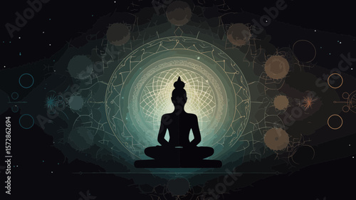 Contemplative meditation silhouette surrounded by mystic symbols, suitable for holistic wellness and spiritual designs or branding materials.