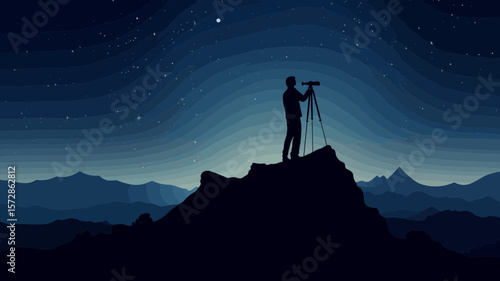 Observe the night sky with telescope on a mountain peak, a scenic graphic ideal for backgrounds, website design, and astronomical themes.