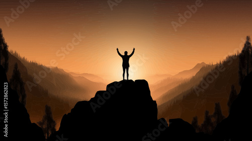 Silhouette of a triumphant figure standing atop a mountain at sunset, radiating success and accomplishment in nature.