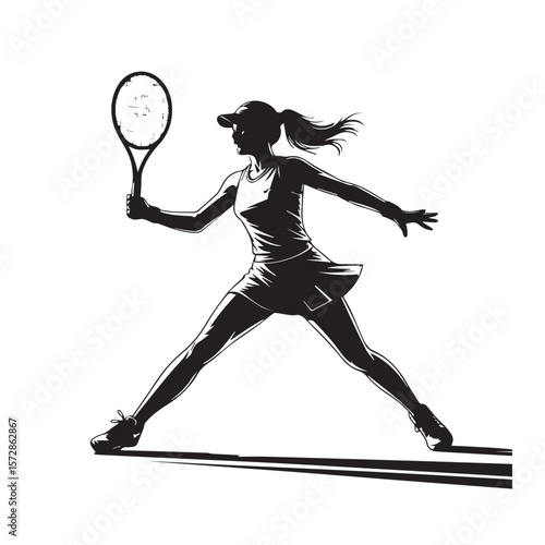 A female tennis player gracefully lunges forward, racquet poised to strike the ball with precision and power