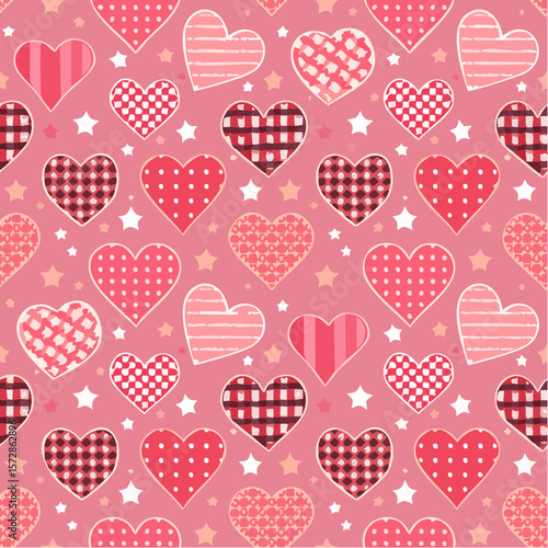 Seamless vector pattern with y2k checkered hearts and stars. Pink emo goth background with love symbols. Cute texture for wrapping paper, wallpaper, fabric, print, cover design. Valentine day ...