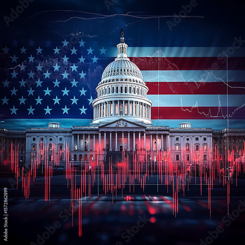 US Capitol Building with Red Stock Market Crash Overlay and Digital Data Glitch
