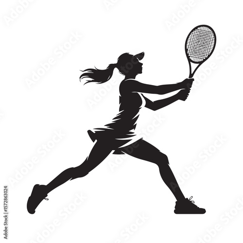 A female tennis player powerfully swings her racquet, preparing to hit the ball with controlled force