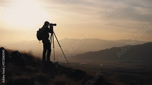 Captivating silhouette of a photographer capturing majestic mountain scenery at sunset, perfect for travel blogs and nature-themed designs.