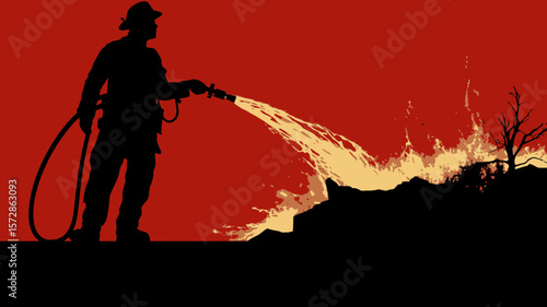 Firefighter extinguishing a wildfire provides a striking graphic element for safety campaigns, emergency preparedness, or environmental awareness.