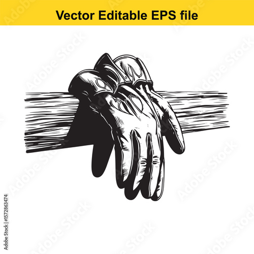 Black and White Illustration of Gloves Hanging on a Rail with Vector Editable EPS File at the Top