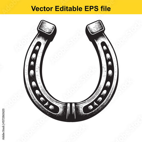 Vintage Horseshoe Illustration Symbolizing Luck and Heritage Detailed Engraving Showcasing Classic Western Tradition and Black and White