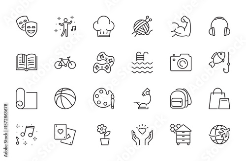 Hobby icon set. Acting, dancing, cooking, knitting, listening, gardening, volunteering, reading, cycling, gaming, traveling, painting, shopping, gambling, etc. Vector illustration. Editable stroke.