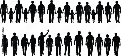 Black Silhouettes of Diverse Families, Parents and Children Walking Hand-in-Hand, Community, Togetherness, and Generational Bonds Concept, Vector Illustration