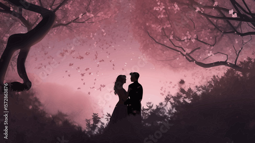 Romantic couple silhouette under blooming cherry trees evokes love and serenity, perfect for wedding invitations or romantic themed designs.