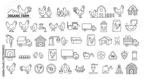 Organic Farm and Poultry Production Line Icon Set