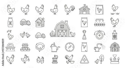 Organic Farm and Poultry Production Line Icon Set