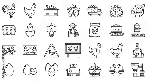 Organic Farm and Poultry Production Line Icon Set