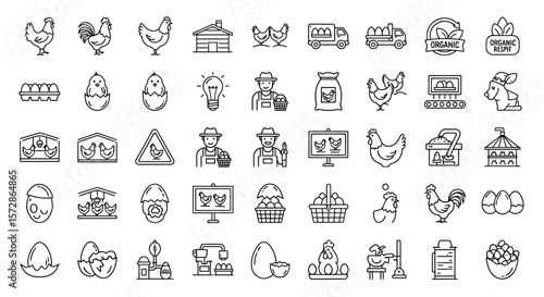 Organic Farm and Poultry Production Line Icon Set