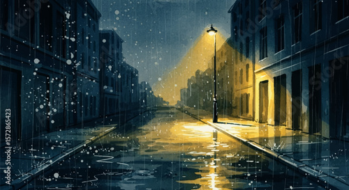 A powerful, moody watercolor of an empty nighttime street in the rain, evoking mystery and urban solitude.