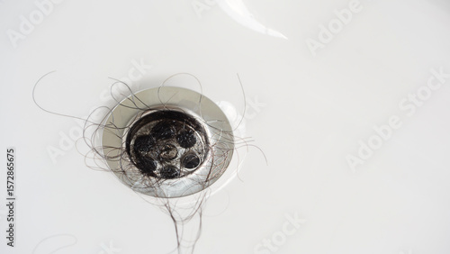 Photos Water drain hole is clogged with hair clump