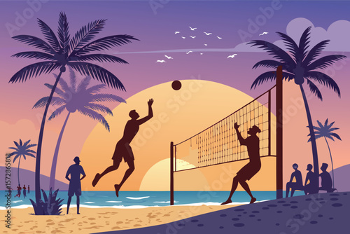 Dynamic vector art of a thrilling beach volleyball match.