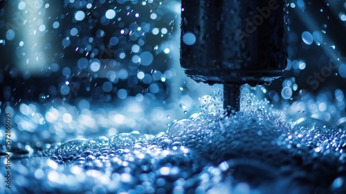 Extreme close-up of electrochemical cement production process, calcium carbonate molecules being processed through electrical current, sparkling blue-white electrical discharge, metal electrodes