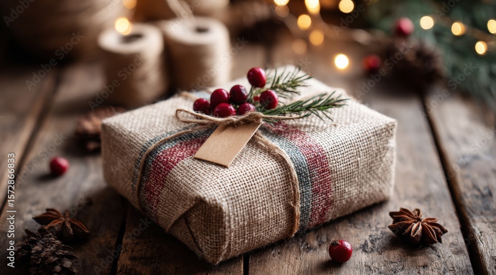 Close-up of a wrapped gift with a red ribbon and natural pine cones on a rustic wooden surface. Close-up of a wrapped gift with a red ribbon and natural pine cones on a rustic wooden surface.