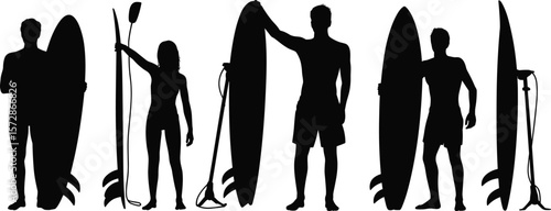 Surfer silhouettes with paddle boards, man and woman holding surfboards, beach lifestyle, active people, ocean sport, summer vibes, standing pose, water activity illustration