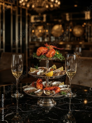 A three tier seafood platter with lobster oysters and shrimp with champagne glasses on a marble table