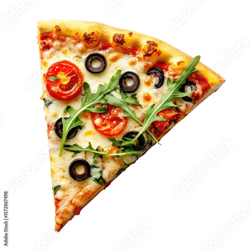 Delicious slice of pizza with tomatoes olives and arugula isolated on transparent background