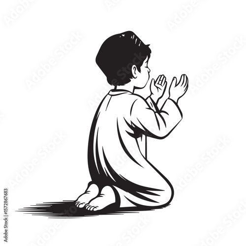 A young boy, kneeling in humble prayer, raises his hands in supplication, a touching image of faith and devotion