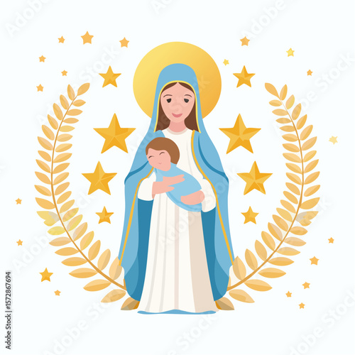 Mother and Child: A serene illustration of a mother cradling her child, surrounded by symbolic elements of faith, love, and protection, with a soft and gentle aura.