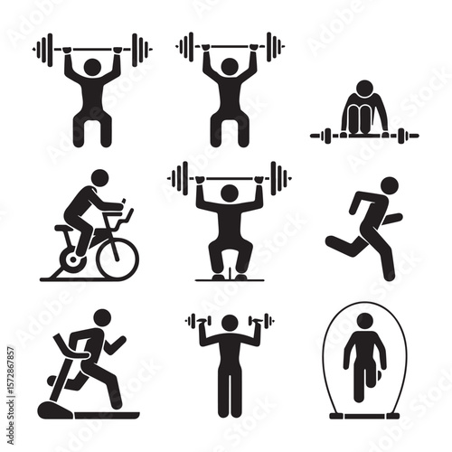 A set of simple fitness icons depicts various exercises including weightlifting, cycling, running, and jumping rope