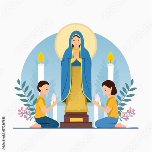 Devotion and Reverence: A serene illustration of a religious scene depicting a statue of a religious figure illuminated by light, flanked by kneeling figures.