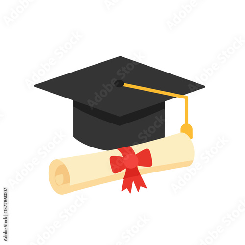 A vector icon of a graduation cap with a diploma next to it.