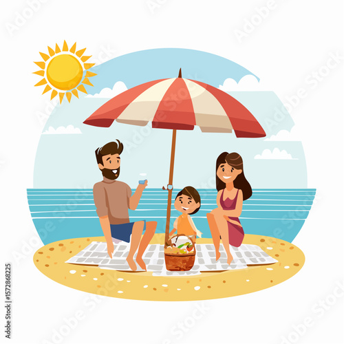 Coastal Serenity: A happy family enjoying a relaxed day at the beach, basking under the shade of an umbrella, surrounded by the gentle waves and the warm sun.