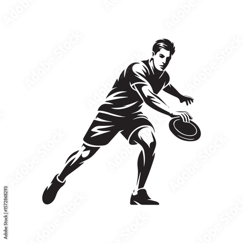 A stylized silhouette of a male ultimate frisbee player showcases dynamic movement and athleticism