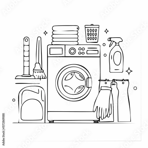 Set of outline doodle cleaning equipment. Washing machine, household chemicals, vacuum cleaner, towel, brush and gloves. Hand drawn laundry vector illustrations. Housework icon ...
