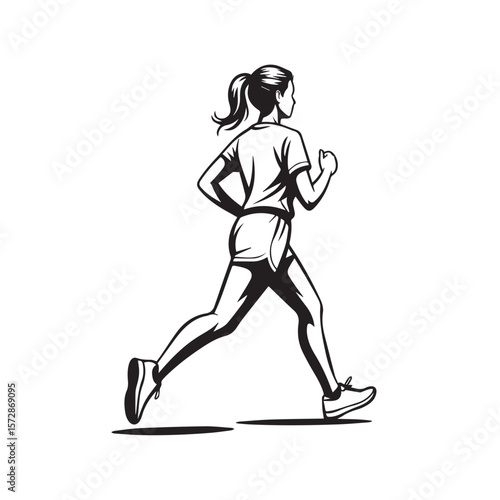 A female runner, captured midstride, showcases the dynamism of fitness, her silhouette a testament to athleticism against a clean white background